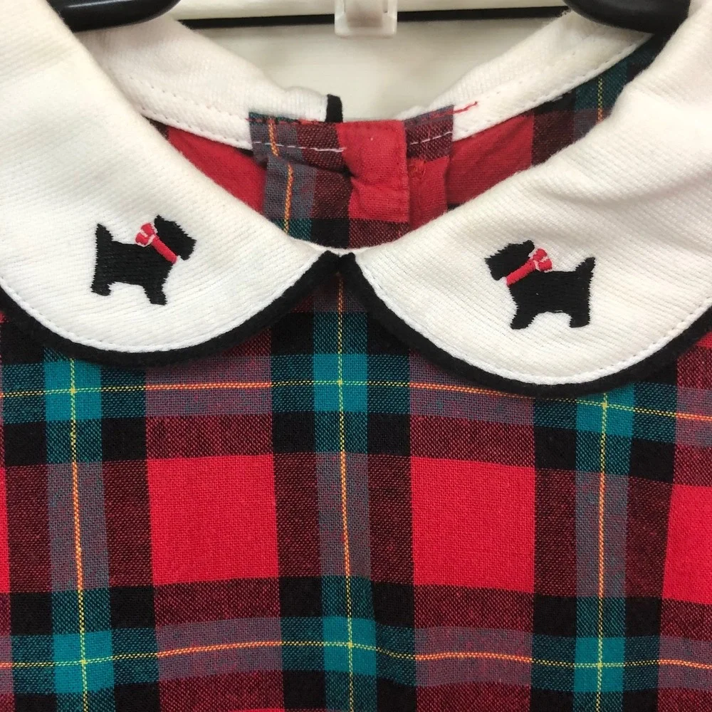 90s Vintage Gymboree Scottie Dog Plaid Holiday Dress Peter Pan Girls XL 5/6